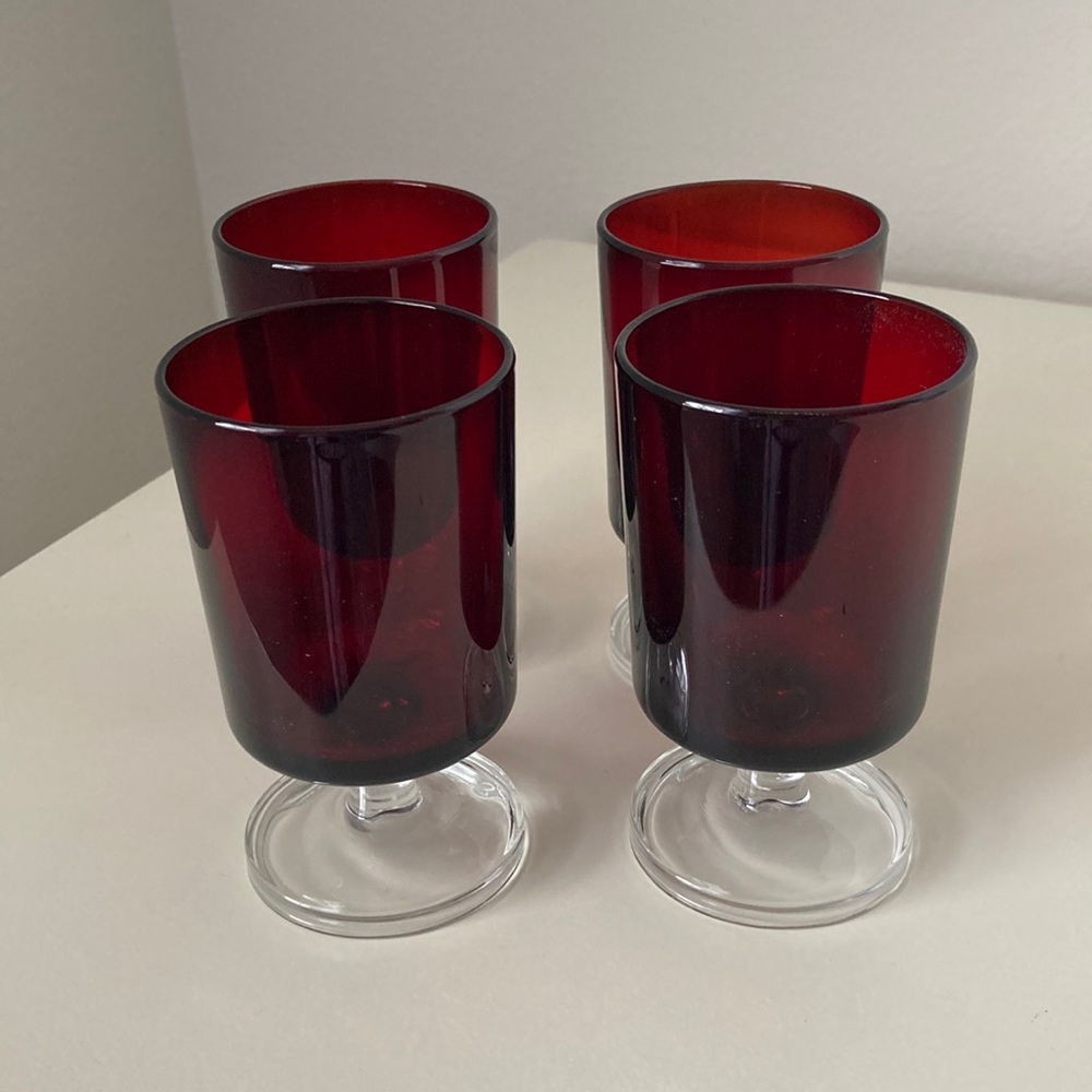 Vintage Arcoroc Luminarc France Ruby Red Stemware Cordial Glasses Set of 4